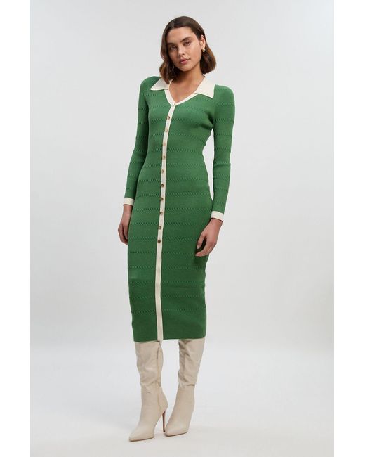 Karen Millen Green Viscose Rib Stitch Detail Contrast Colour Button Knit Midi Dress