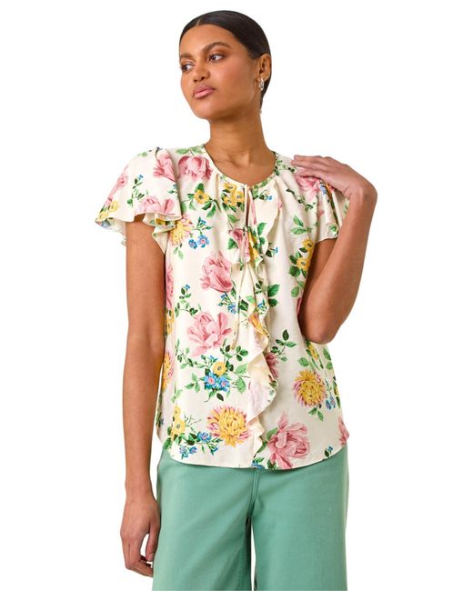 Roman Green Floral Tie Front Frill Top