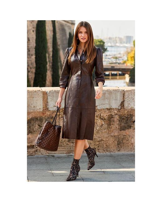 Sosandar Brown Chocolate Leather Popper Front Shirt Dress