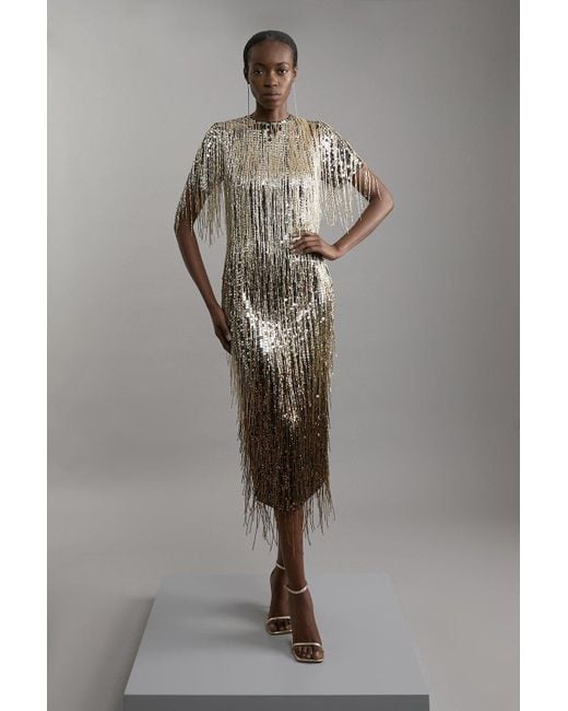 Karen Millen Gray Embellished And Beaded Tassel Woven Maxi Dress