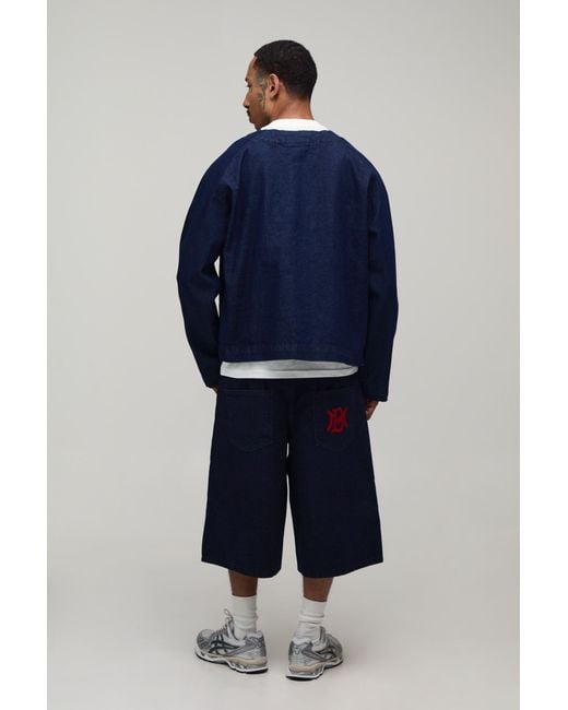 BoohooMAN Blue Varsity Embroidered Longline Denim Jorts for men