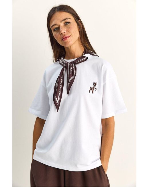 Bianco Lucci White Loose Fit Crew Neck Embroidered T-Shirt