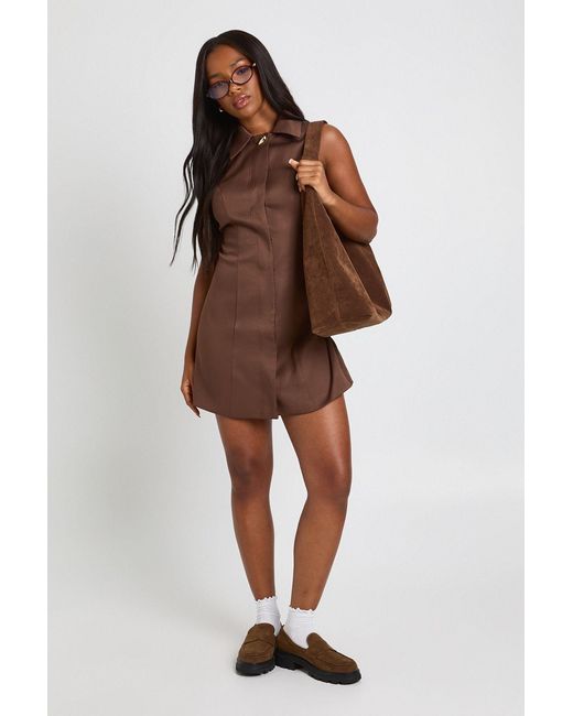 Boohoo Brown Trim Detail Collared Sleeveless Shift Dress