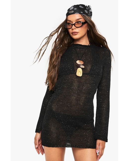 Boohoo Black Sequin Knit Sheer Scoop Back Knitted Mini Dress
