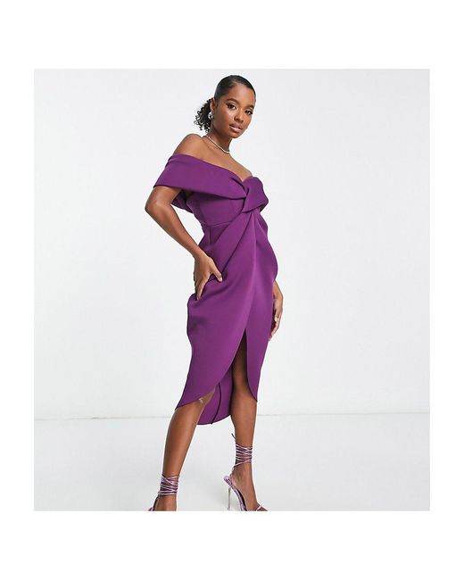 ASOS Purple Design Off Shoulder Twist Front Midi Dress