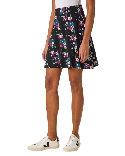 Roman Blue Floral Print Skater Stretch Skirt
