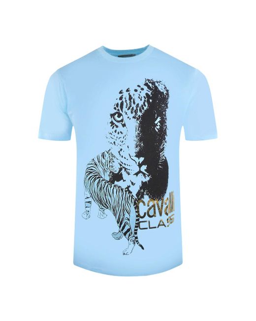 Roberto Cavalli Blue Large Tiger Design T-Shirt Cotton for men
