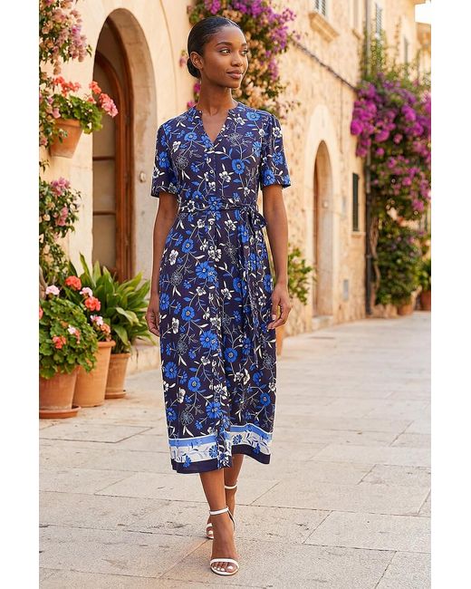 Roman Blue Petite Floral Border Stretch Dress