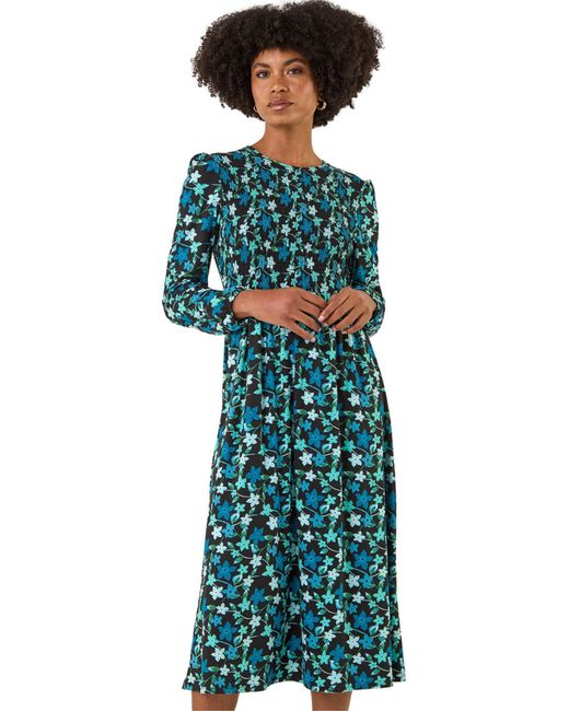 Roman Green Floral Print Shirred Stretch Midi Dress