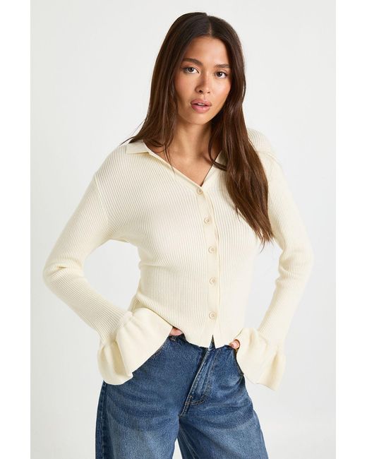 Boohoo White Collar Detail Flare Sleeve Knitted Cardigan