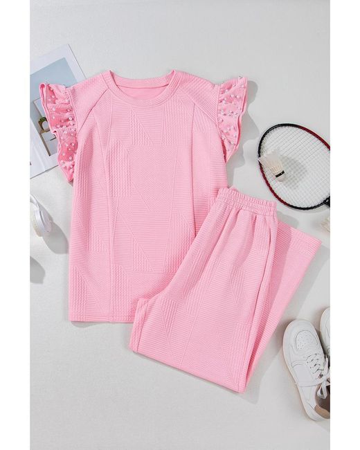 Azura Exchange Roze Gemarmerde Pareltjes Rimpels Mouwen Wijde Pijpen Broek Set in het Pink