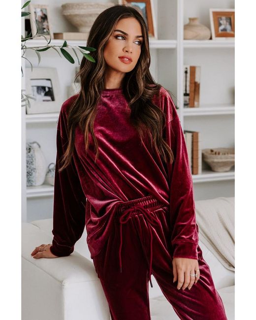 Azura Exchange Vurige Rode Effen Fluwelen Twee-piece Loungewear Set in het Red