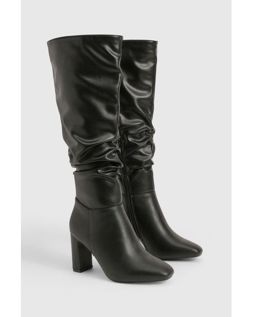 Boohoo Black Wide Fit Ruched Knee High Heeled Boots