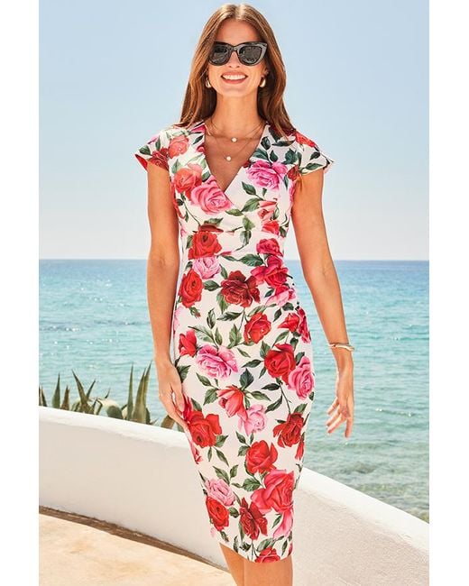 Sosandar Red Floral Sculpting Waistband Dress