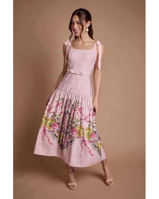 Oasis Brown Bow Detail Dropped Waist Midi Dress