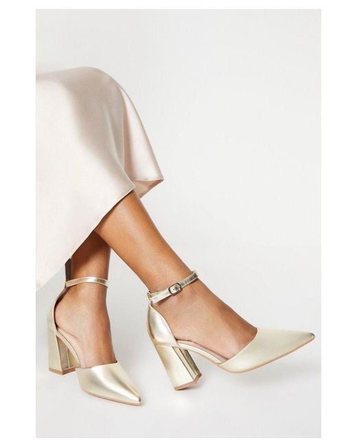 Dorothy Perkins Natural Blanche Ankle Strap Pointed High Block Heel Court Shoes