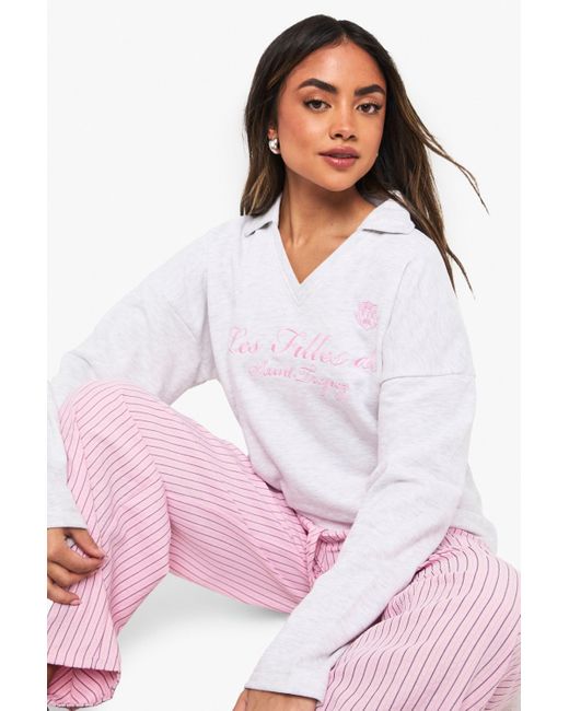 Boohoo French Slogan Collared Oversized Sweatshirt in Pink | Lyst UK