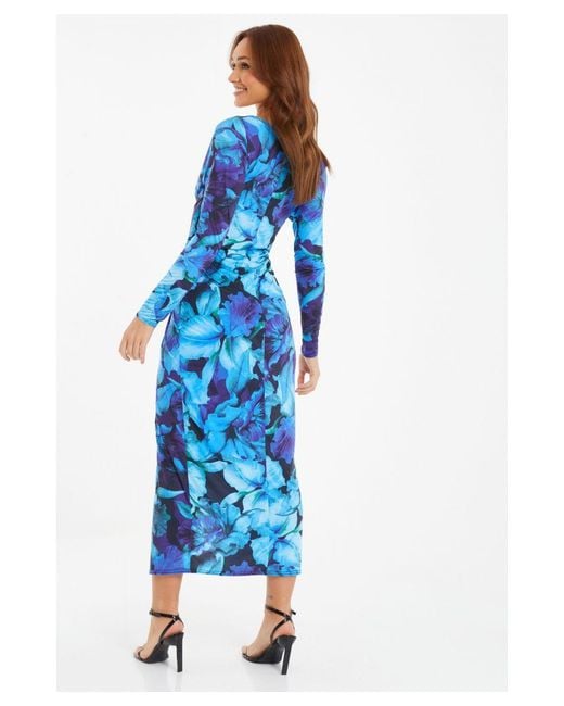 Quiz Blue Floral Ruched Maxi Dress