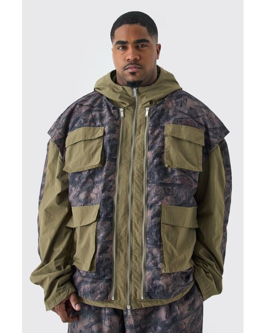BoohooMAN Green Plus Washed Ripstop Nylon Camo Utility Jacket for men