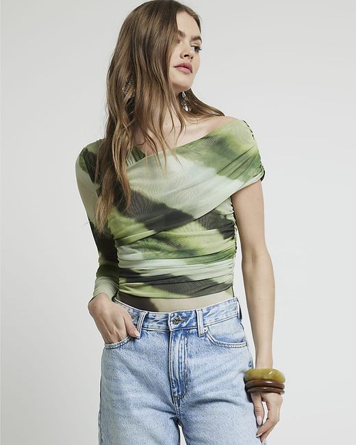 River Island Green Bodysuit Mesh Asymmetric