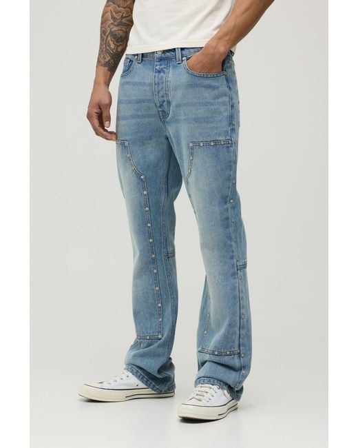 BoohooMAN Blue Studded Carpenter Stacked Slim Flared Jeans for men