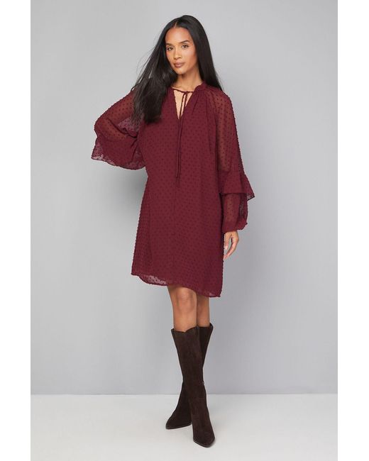 Wallis Red Dobby Ruffle Sleeve Shift Dress