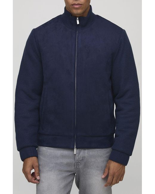 BoohooMAN Blue Regular Fit Textured Sleeve Faux Suede Funnel Neck Jacket for men