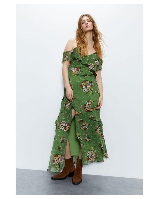 Warehouse Green Floral Chiffon Frill Maxi Dress