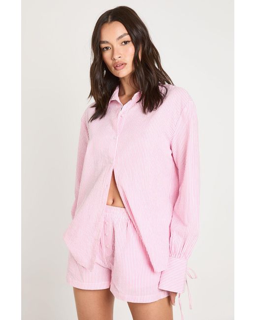 Boohoo Pink Crinkle Stripe Tie Cuff Shirt And Short Co-Ord