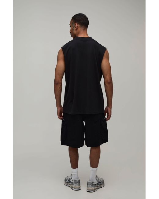 BoohooMAN Black Elasticated Waist Parachute Extended Drawcord Cargo Denim Jorts for men
