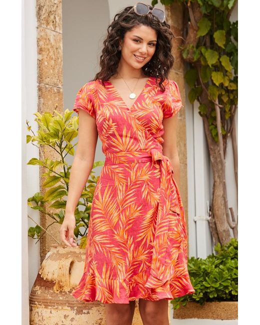 Sosandar Red Floral Print Linen Wrap Dress