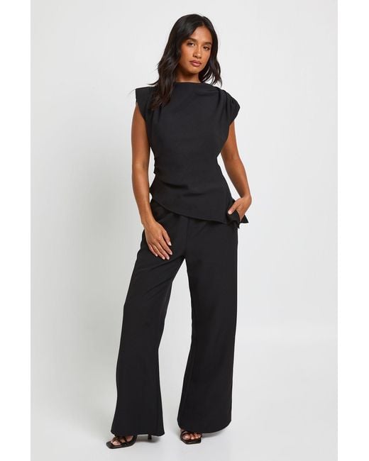 Boohoo Blue Petite Asymmetric Shoulder Pad Top & Straight Leg Trouser Co-Ord