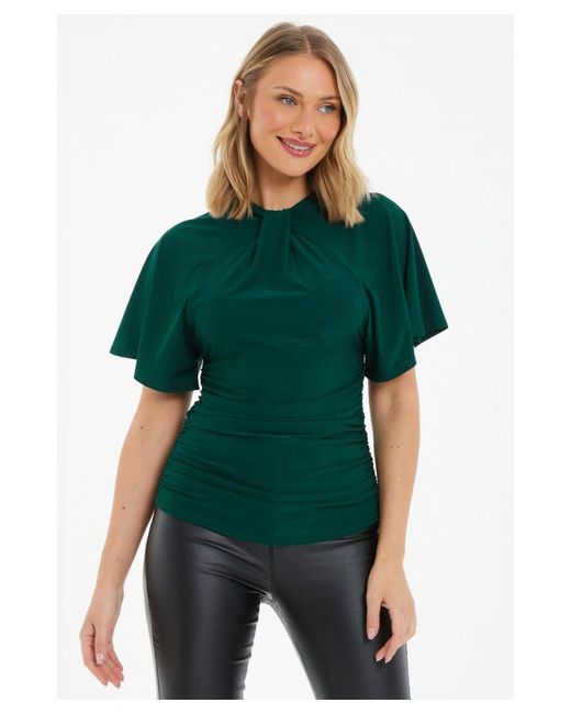 Quiz Green Bottle Batwing Ruched Top Nylon