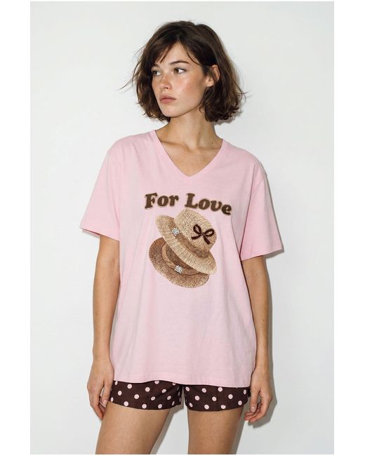 Bianco Lucci Pink Oversized V-Neck Printed T-Shirt