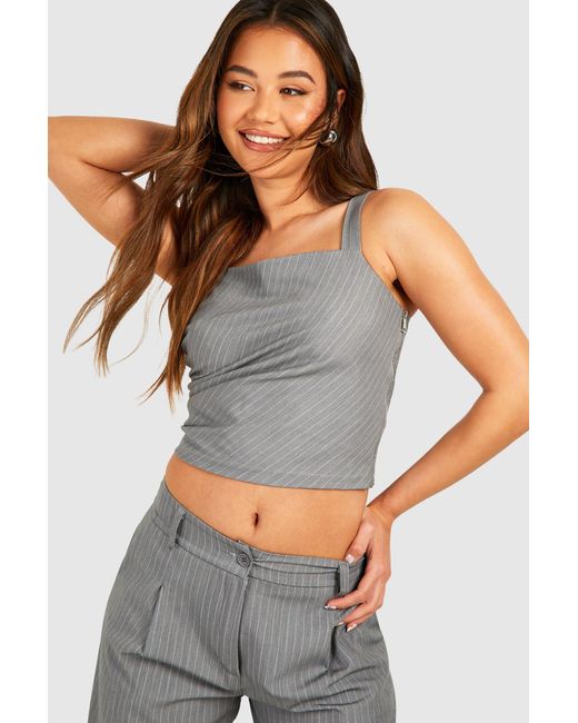 Boohoo Gray Pinstripe Drape Shoulder Square Neck Top