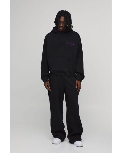 BoohooMAN Black Oversized Boxy Homme Embroidered Hooded Tracksuit for men