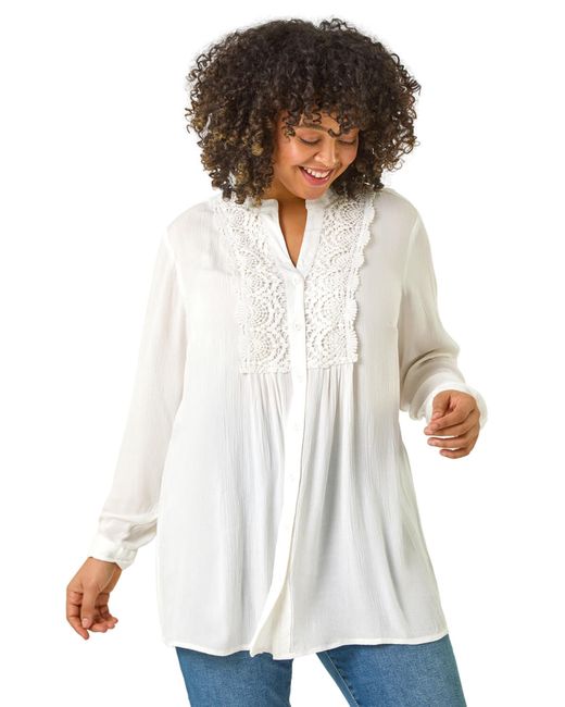 Roman White Curve Lace Trim Pintuck Blouse