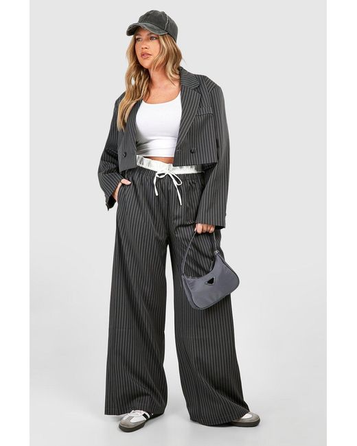 Boohoo Gray Plus Pinstripe Boxer Waistband Drawstring Wide Leg Trousers