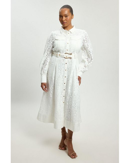 Karen Millen Natural Plus Size Cotton Cutwork Woven Shirt Midi Dress