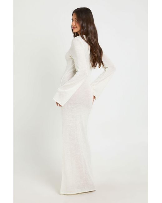 Boohoo White Slash Neck Long Sleeve Knitted Maxi Dress
