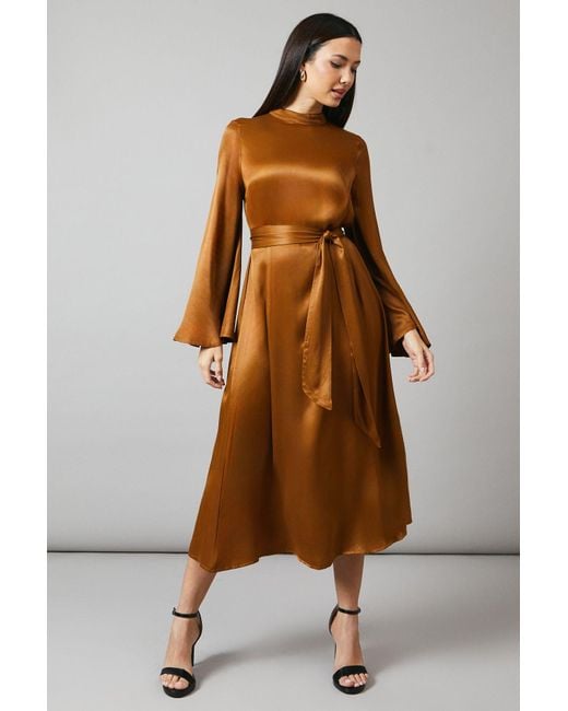 PRINCIPLES Brown Bias Cut Satin Midi Dress