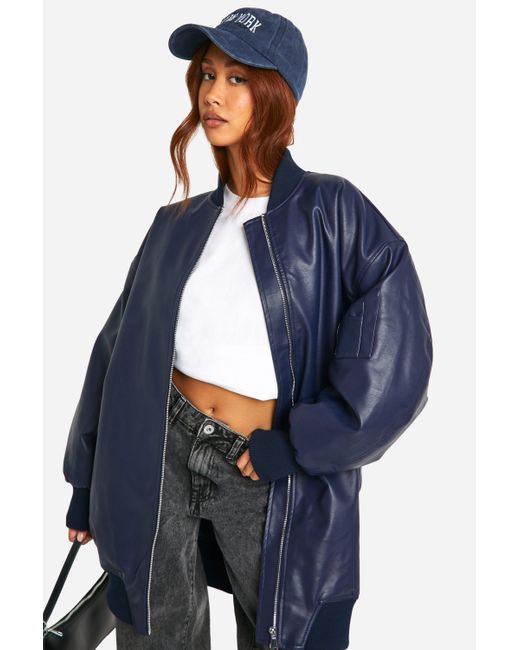 Boohoo Blue Longline Oversized Bomber Jacket
