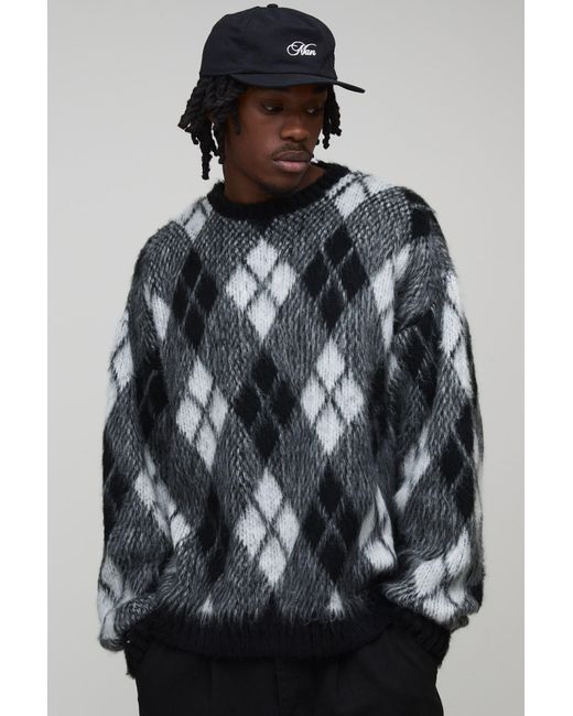 BoohooMAN Black Tall Oversized Diamond Argyle Knitted Jumper for men