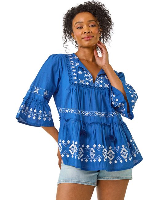 Roman Blue Petite Contrast Print Pom Pom Top