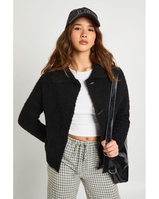 Boohoo Black Boucle Knit Toggle Button Oversized Jumper