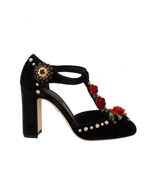 Dolce & Gabbana Black Mary Jane Pumps Roses Crystals Shoes Viscose