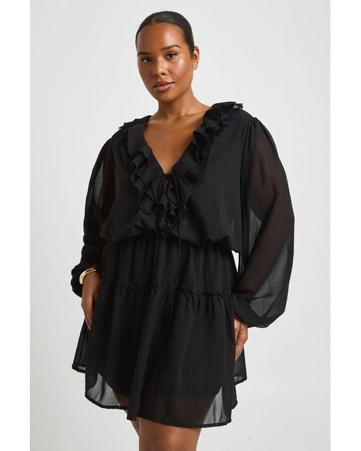 Boohoo Black Plus Chiffon Ruffle Skater Dress