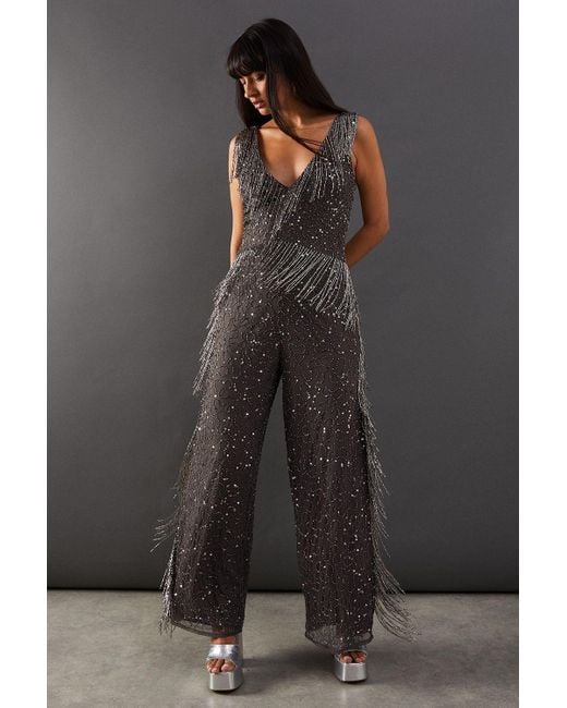 Warehouse Black Hand Embellished Sequin Plunge Neck Fringe Jumpsuit