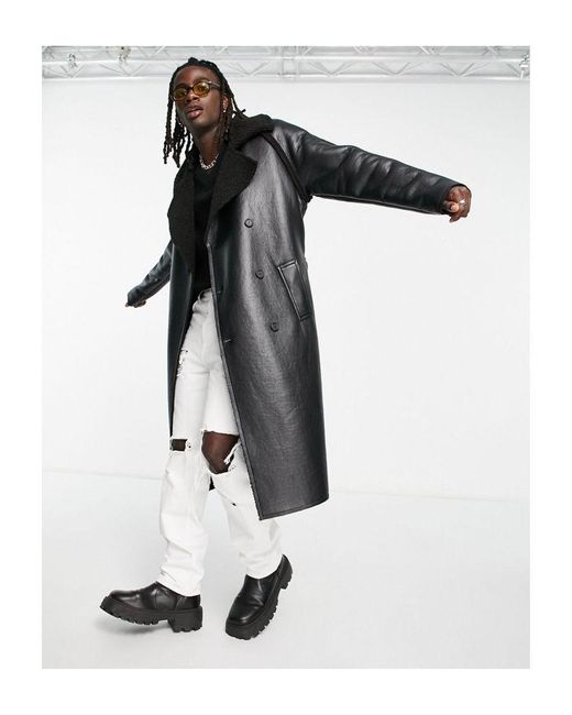 ASOS Black Faux Leather Trench Coat With Borg Lining for men