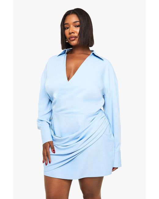 Boohoo Blue Plus Wrap Shirt Dress